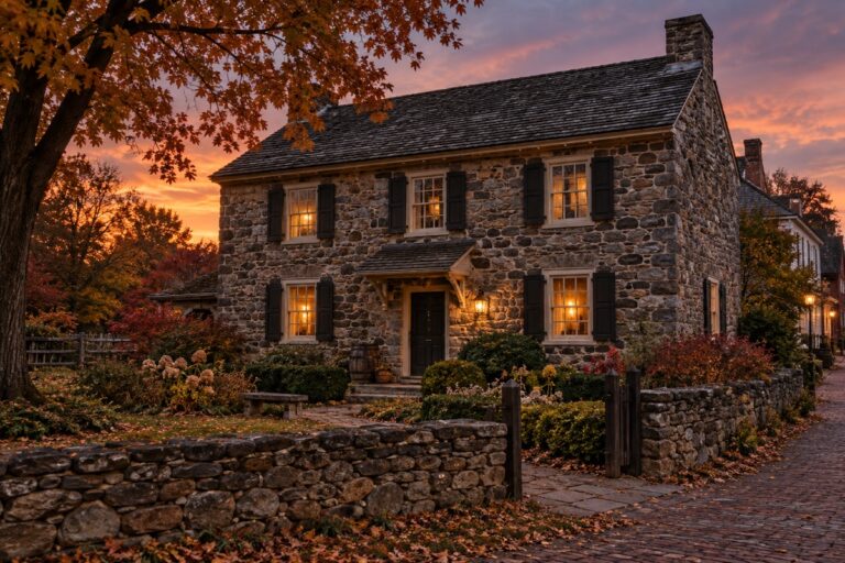 AI-created editorial interpretation of the 1776 stone Dobbin House at autumn twilight
