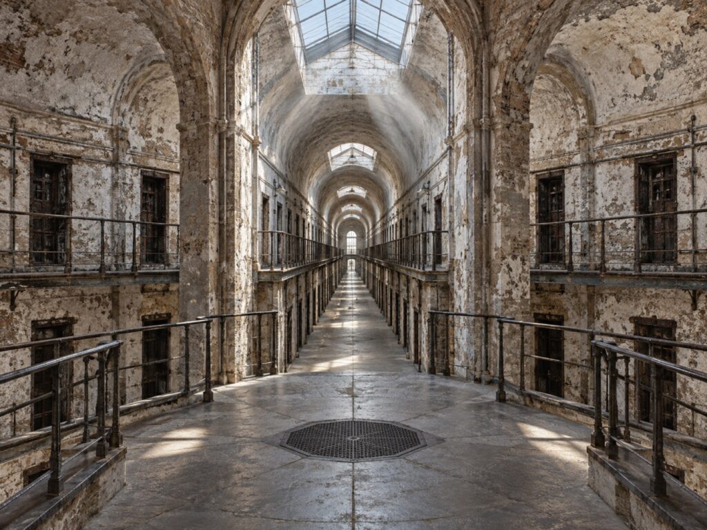 Editorial illustration of Eastern State Penitentiary’s radial cellblocks
