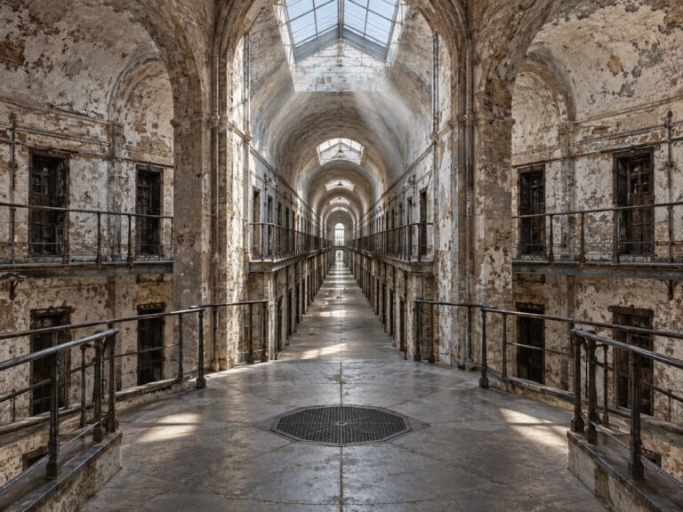 Editorial illustration of Eastern State Penitentiary’s radial cellblocks