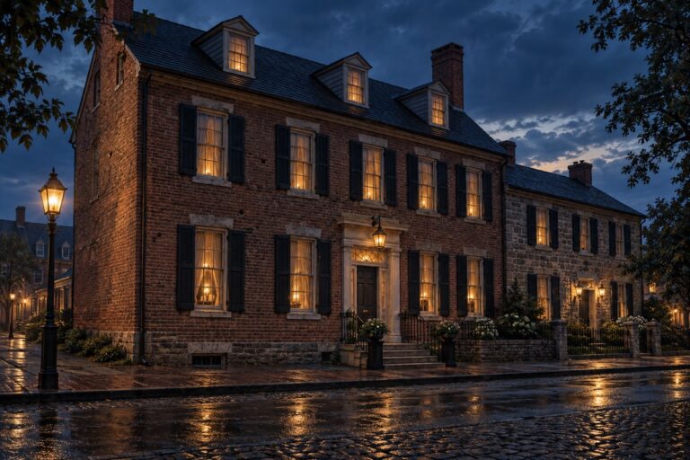 Cinematic editorial interpretation of the Farnsworth House Inn in Gettysburg at blue hour