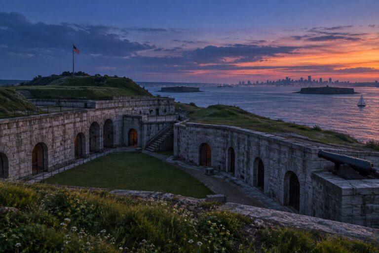AI-created editorial interpretation of Fort Warren and the Lady in Black Legend in Boston