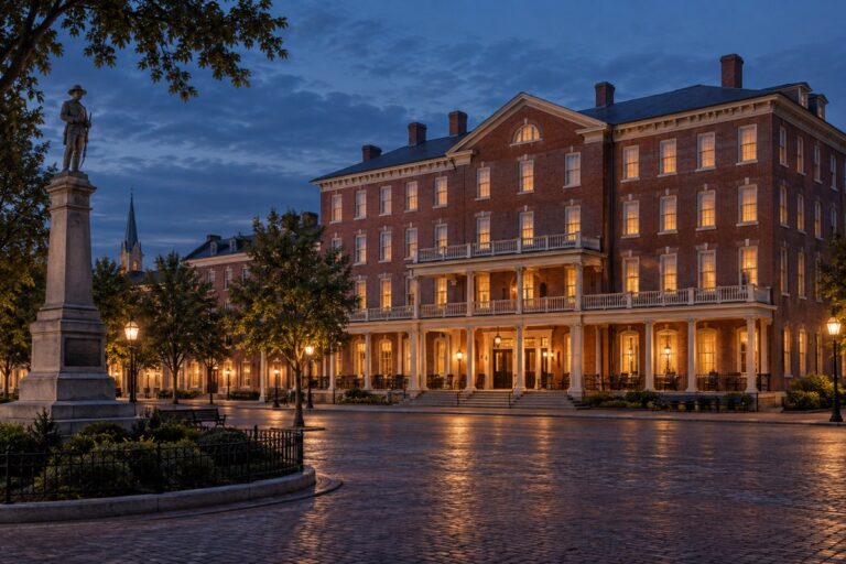 AI-created editorial interpretation of Hotel Gettysburg facing Lincoln Square at blue hour