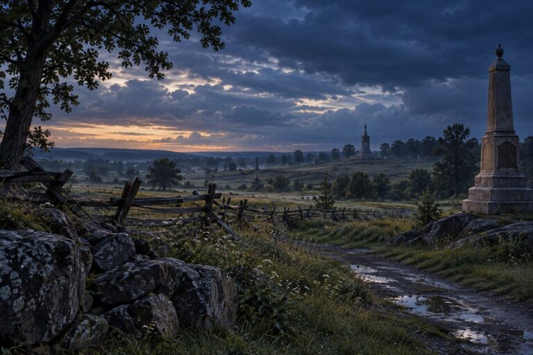 Cinematic editorial interpretation of Gettysburg National Military Park at blue hour