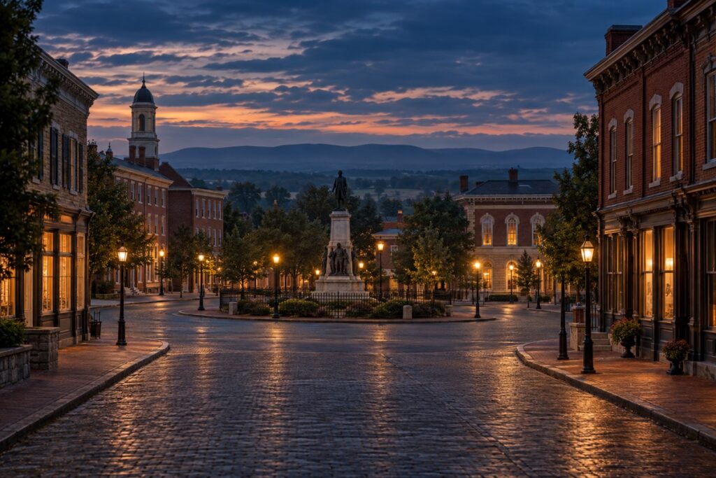 AI-created editorial interpretation of historic Lincoln Square in Gettysburg at blue hour