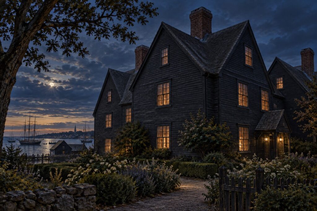 Cinematic editorial interpretation of the House of the Seven Gables in Salem at blue hour