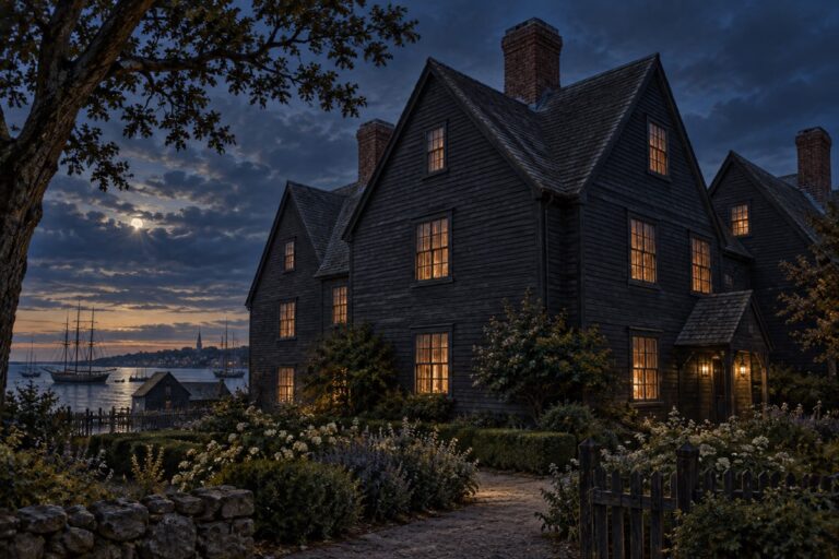Cinematic editorial interpretation of the House of the Seven Gables in Salem at blue hour