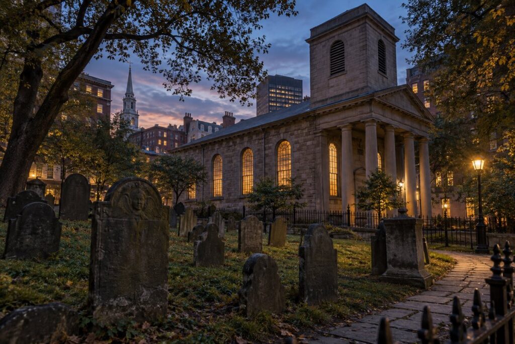 AI-created editorial interpretation of King’s Chapel Burying Ground in Boston