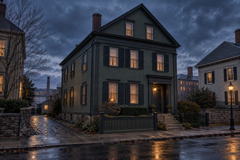 Cinematic blue-hour editorial view of the historic Lizzie Borden House in Fall River, Massachusetts