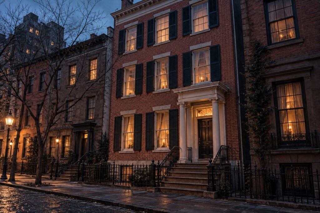 Cinematic blue-hour editorial view of the Merchant's House Museum in New York City