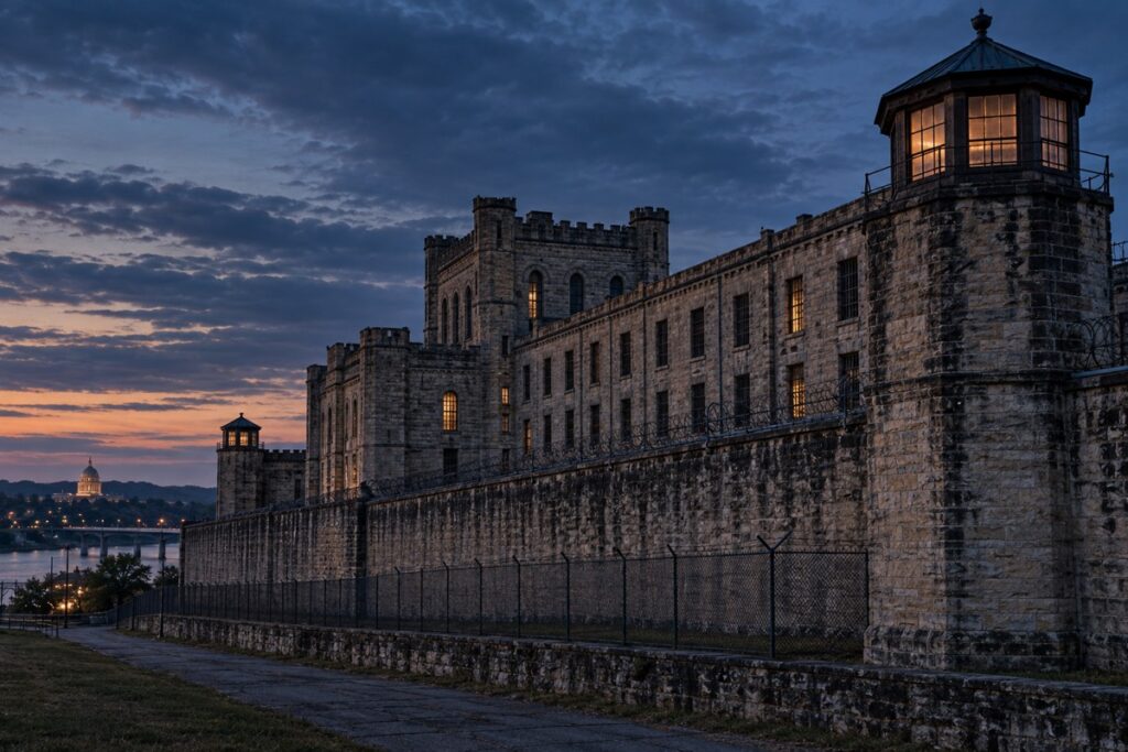 Cinematic blue-hour editorial view of the historic Missouri State Penitentiary in Jefferson City, Missouri
