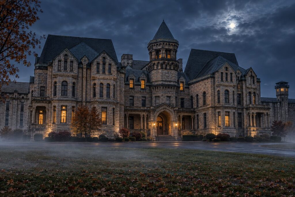 Cinematic blue-hour editorial view of the historic Ohio State Reformatory in Mansfield, Ohio