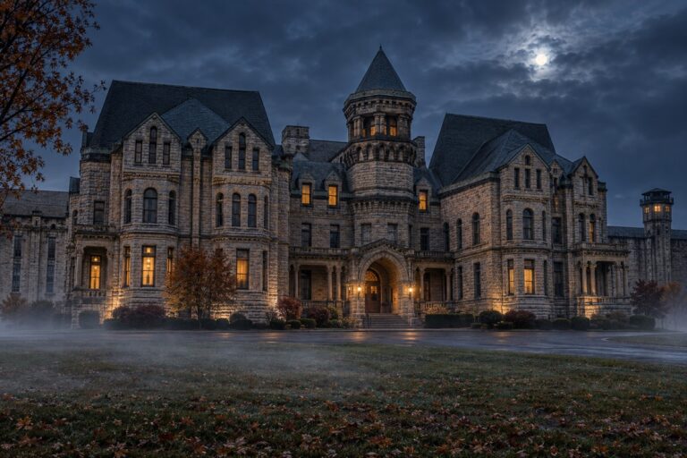 Cinematic blue-hour editorial view of the historic Ohio State Reformatory in Mansfield, Ohio