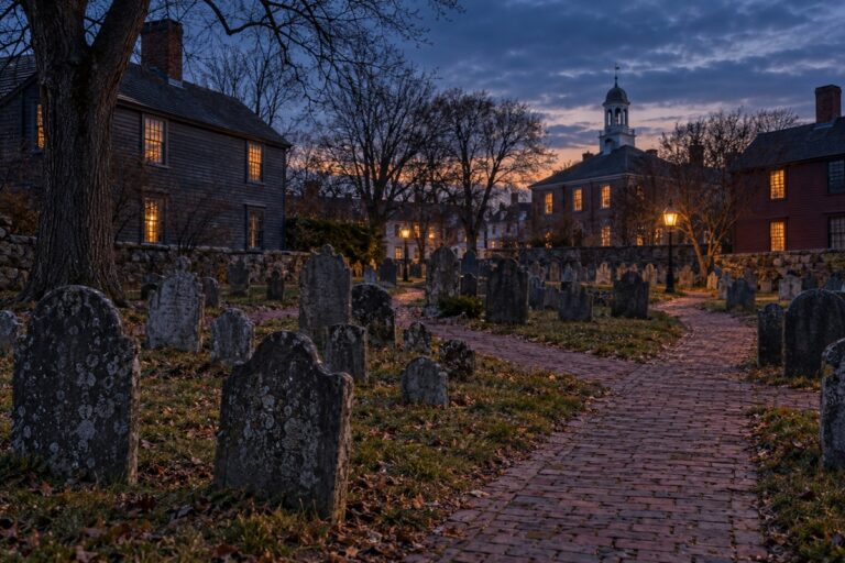 AI-created editorial interpretation of Charter Street Cemetery with weathered slate stones and brick paths