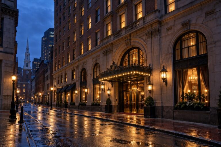 Cinematic editorial interpretation of the Omni Parker House in downtown Boston at blue hour