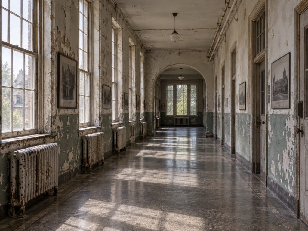 Restrained editorial illustration of a historic institutional corridor with no patients or horror caricatures