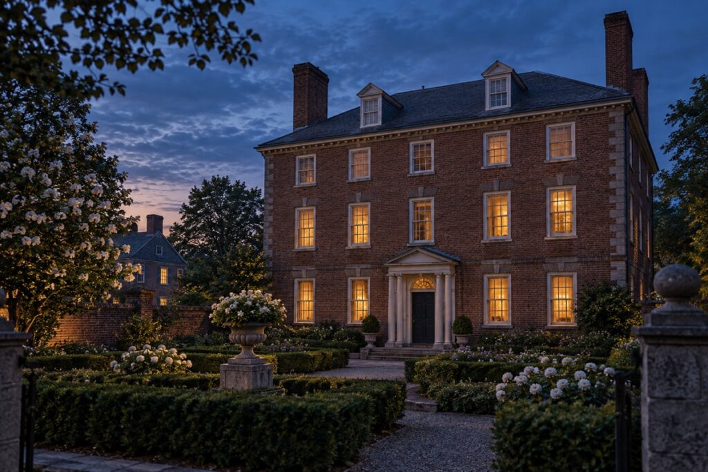 AI-created editorial interpretation of the Ropes Mansion and formal garden at blue hour
