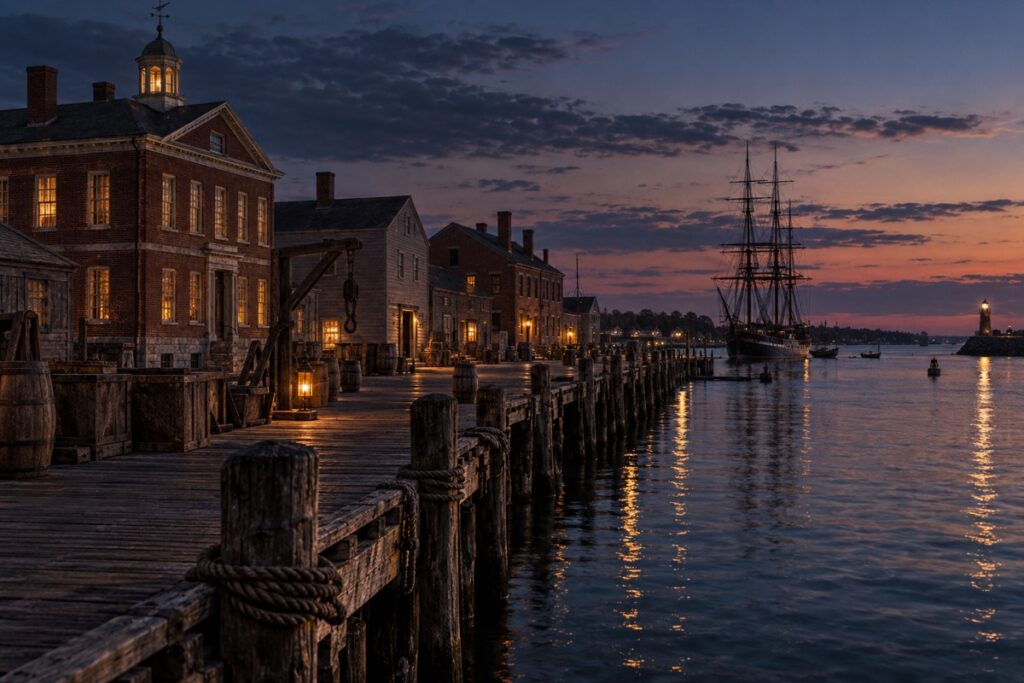 AI-created editorial interpretation of Derby Wharf, warehouses, a tall ship, and Salem Harbor at twilight