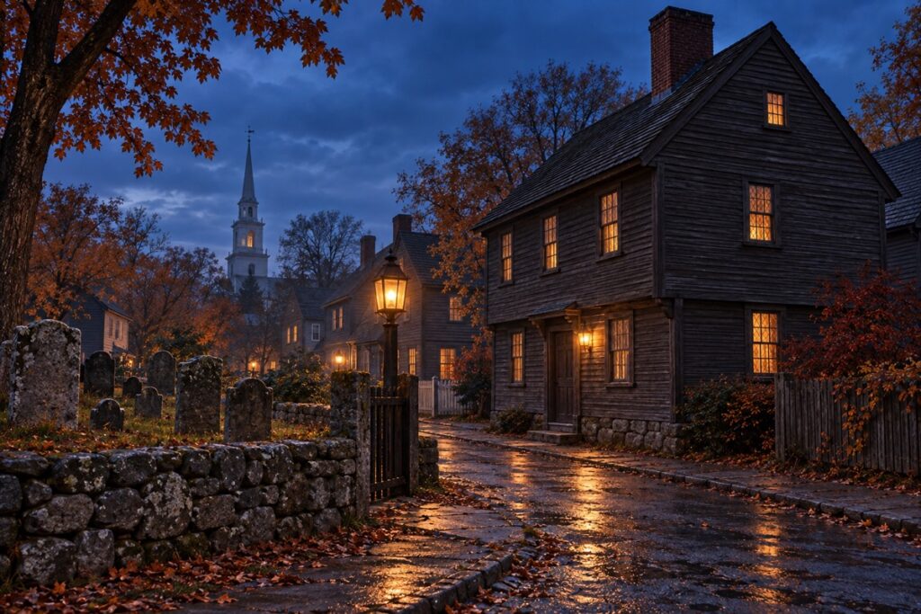 AI-created editorial interpretation of historic Salem streets, a colonial burying ground, and timber houses at blue hour