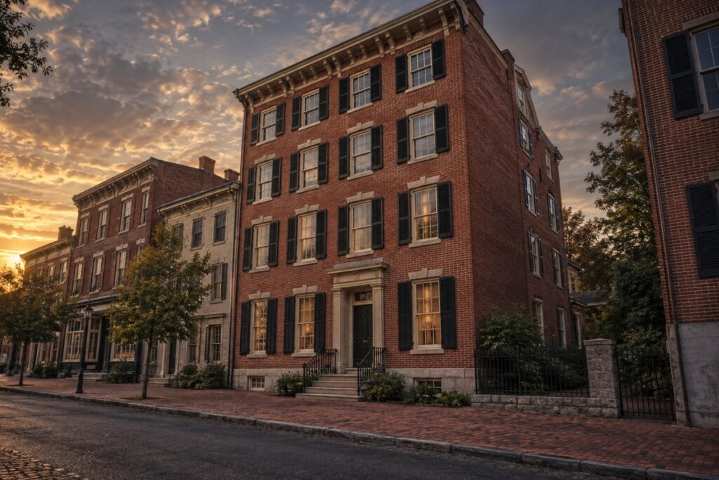 AI-created editorial interpretation of the restored brick Shriver House on Baltimore Street