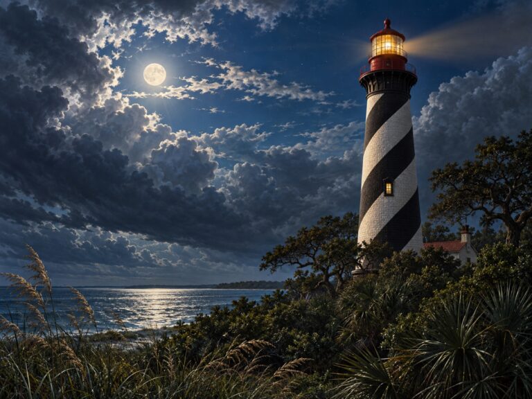 Editorial illustration of the striped St. Augustine lighthouse under a storm-cleared moon