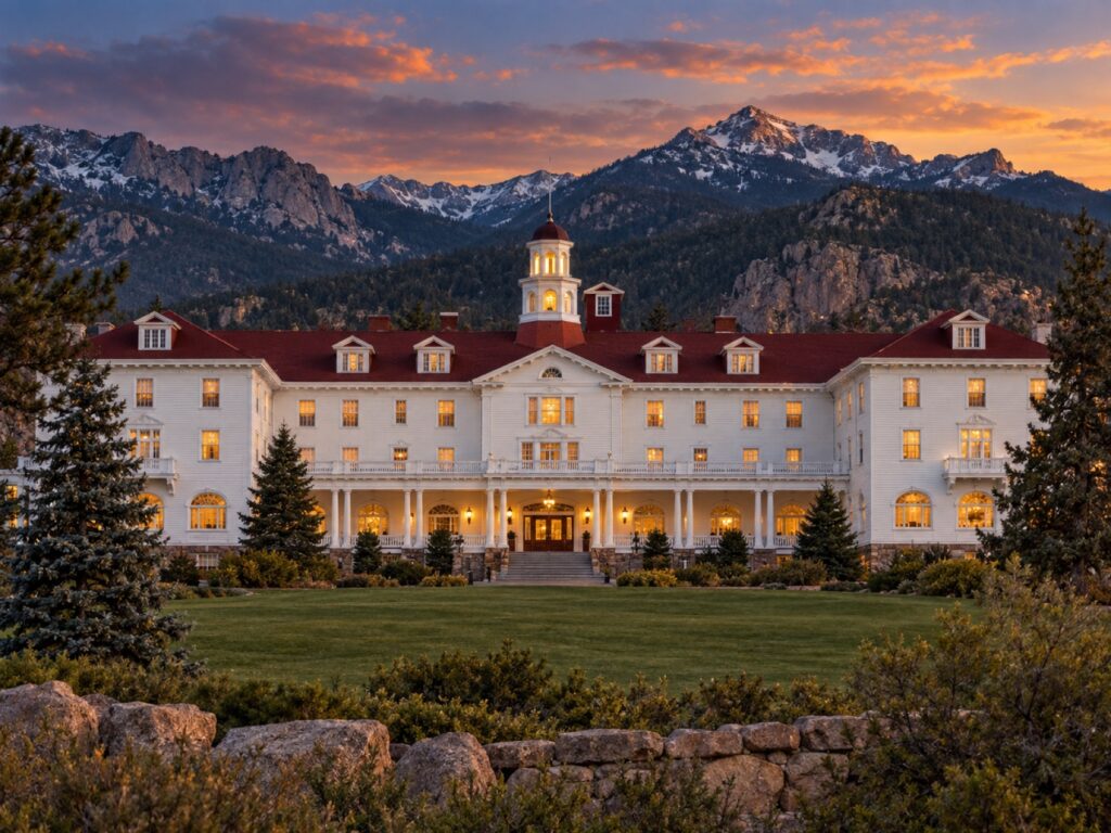 Editorial illustration of the Stanley Hotel against the Rocky Mountains at dusk