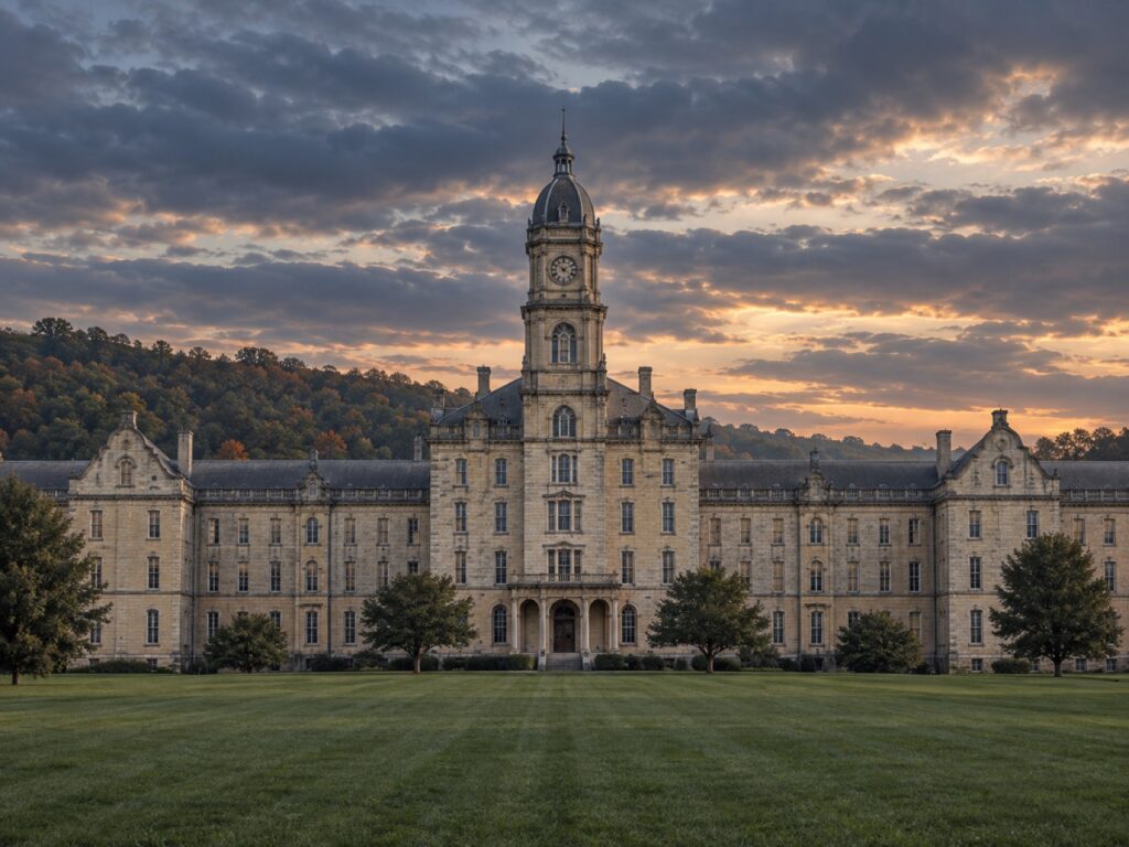 Editorial illustration of the Trans-Allegheny main building beneath heavy evening clouds