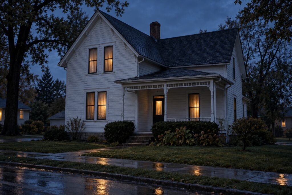Cinematic blue-hour editorial view of the restored Villisca Axe Murder House in Villisca, Iowa