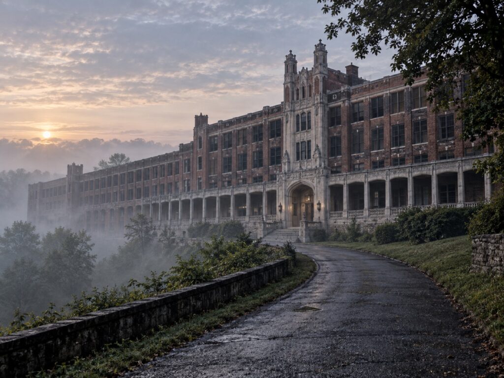 Editorial illustration of Waverly Hills Sanatorium’s long façade in mist