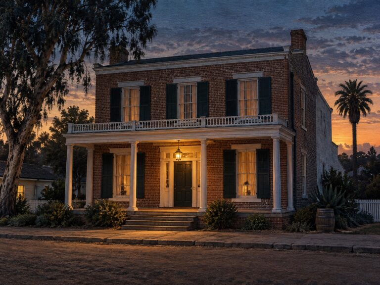 Editorial illustration of the Whaley House’s brick façade at nightfall