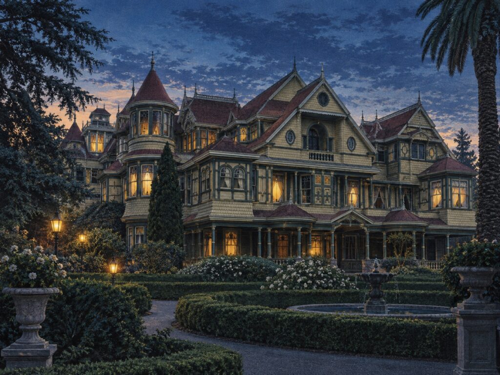 Editorial illustration of the Winchester Mystery House exterior at blue hour