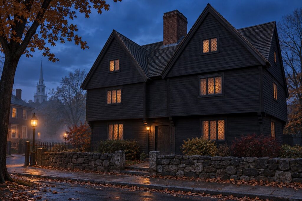 Cinematic editorial interpretation of the Witch House in Salem at blue hour